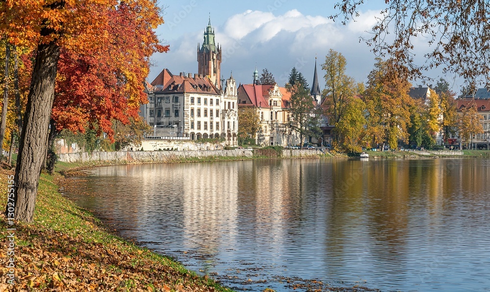 Autumn cityscape with colorful trees reflected in a calm lake and historic buildings Autumn cityscape with colorful trees reflected in a calm lake and historic buildings