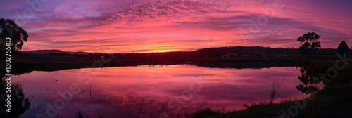 Vibrant pink and purple sunset over a lake. Scenic landscape with water reflection and silhouetted trees creating a peaceful evening scene.

