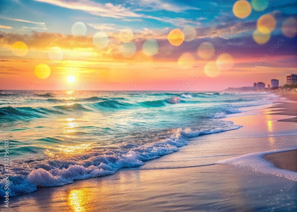 Fototapeta premium Serene Pastel Destin Beach Sunrise: Calm Waters, Soft Bokeh, Early Morning Tranquility