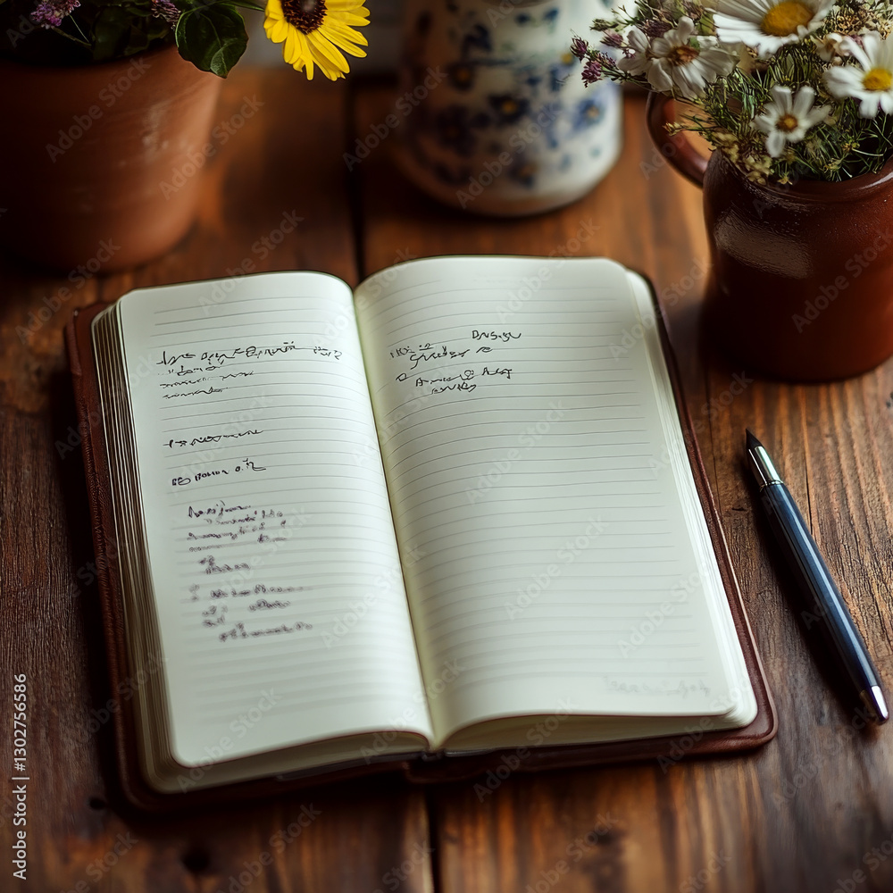 Open notebook with handwritten notes sits on a wooden table beside a pen and flowers in pots. Concept of writing or journaling. For creative writing inspiration.