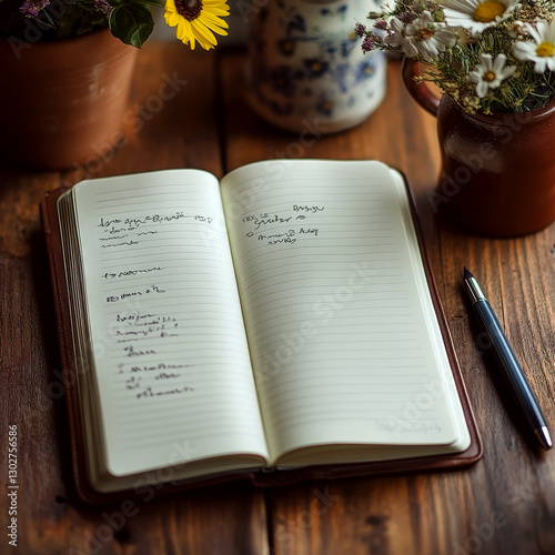 Obraz na płótnie Open notebook with handwritten notes sits on a wooden table beside a pen and flowers in pots. Concept of writing or journaling. For creative writing inspiration. w salonie