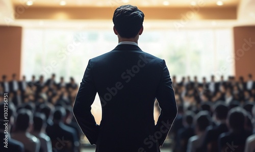 Businessman addressing large audience in conference hall, seen from behind