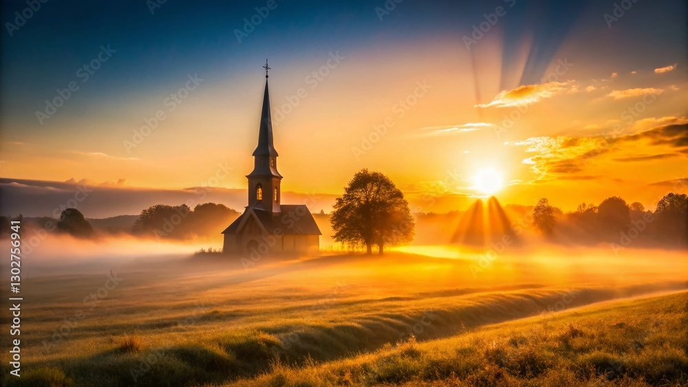 Obraz premium Serene Sunrise: Church Steeple Bathed in Golden Light - Stock Photo