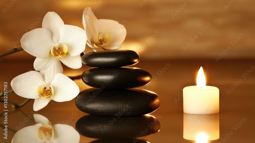Tranquil Spa Scene with Black Stones, White Flowers, and Candlelight Tranquil Spa Scene with Black Stones, White Flowers, and Candlelight