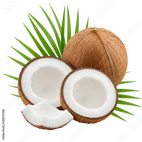 Fresh Whole Coconut Halves with Palm Leaves Tropical Fruit Photography