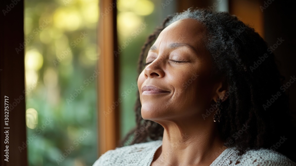Woman Enjoying Serenity and Calmness by a Window in Natural Light Woman Enjoying Serenity and Calmness by a Window in Natural Light