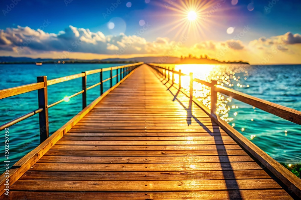 Fototapeta premium Serene Wooden Pier Walkway Extending to Calm Water - High-Resolution Stock Photo