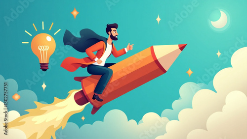 Creative entrepreneur riding a pencil rocket, exploring new ideas and innovations for business improvement