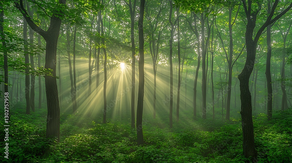 Fototapeta premium Sunlight streams through lush green trees in a vibrant forest at dawn, creating a glowing ambiance