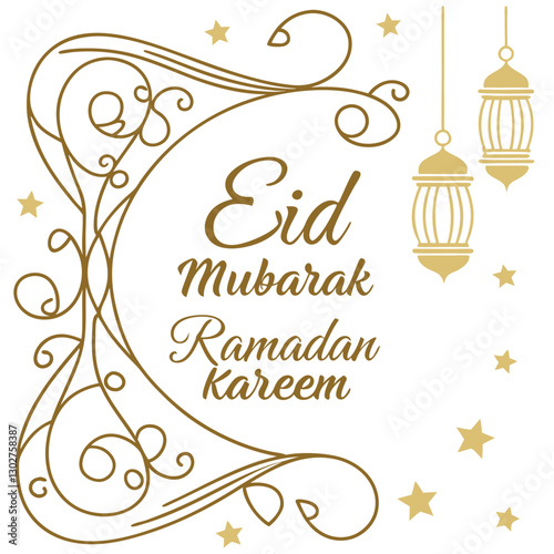 Eid Mubarak Ramadan Kareem Greeting Card with Golden Crescent Moon, Lanterns, and Stars - Vector Illustration