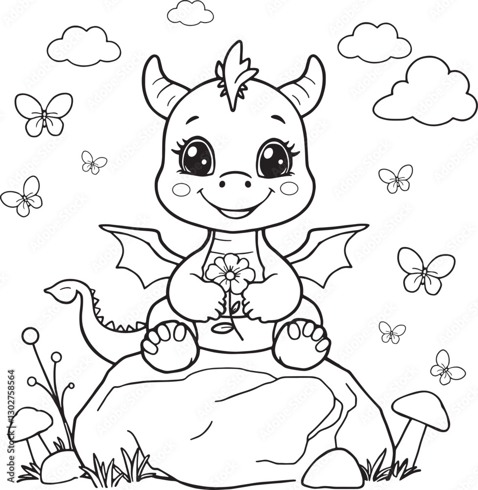 Coloring page with a cute little dragon Coloring page with a cute little dragon