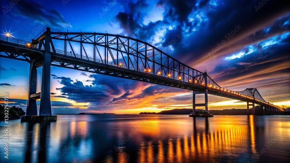 Silhouette Bridge at Dusk: Dark Blue Sky, Connecting Land Masses Silhouette Bridge at Dusk: Dark Blue Sky, Connecting Land Masses