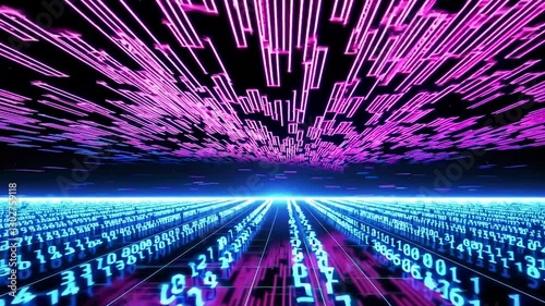 A futuristic digital landscape with flowing binary code in vibrant blue and pink hues. The scene conveys a sense of technology and data movement, with glowing lines and a reflective surface