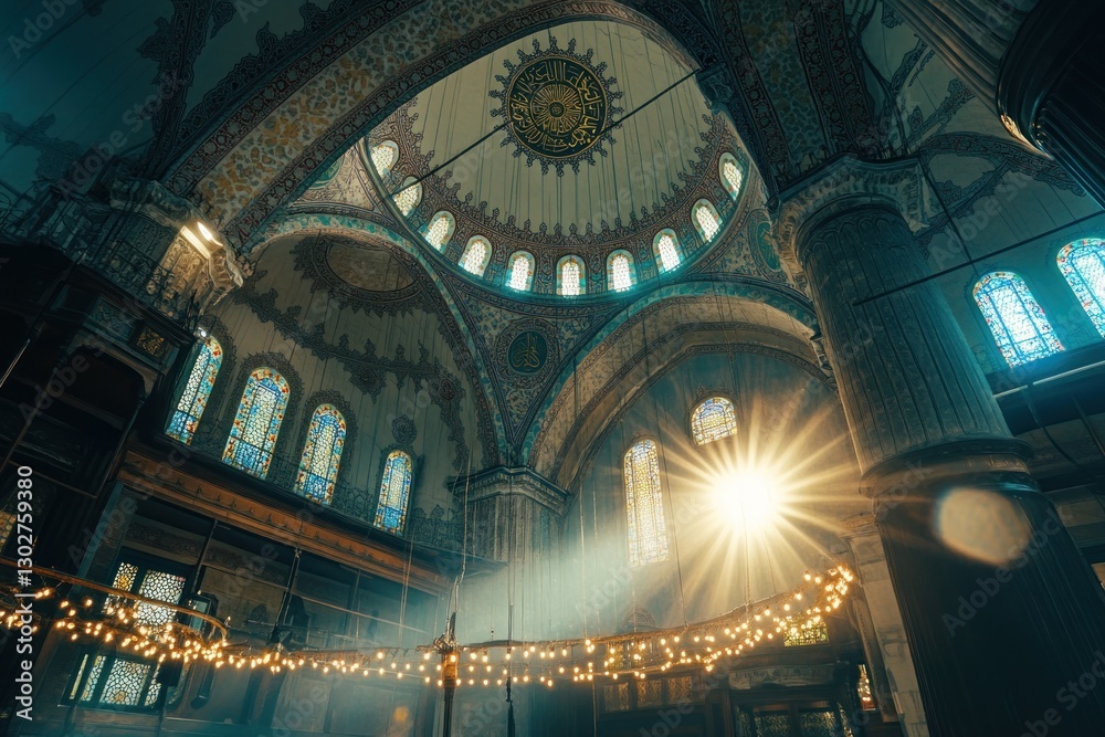 Fototapeta premium Sunbeams illuminate a grand mosque's interior, showcasing intricate architectural details, stained glass windows, and a majestic dome.