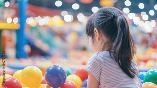 Little girl is playing in a ball pit at an indoor games center, surrounded by colorful balls. He stretches out his hand to catch a ball or two while smiling happily against the blurry background