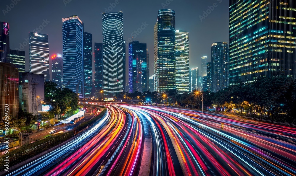 Obraz premium City highway light trails at night with modern skyscrapers