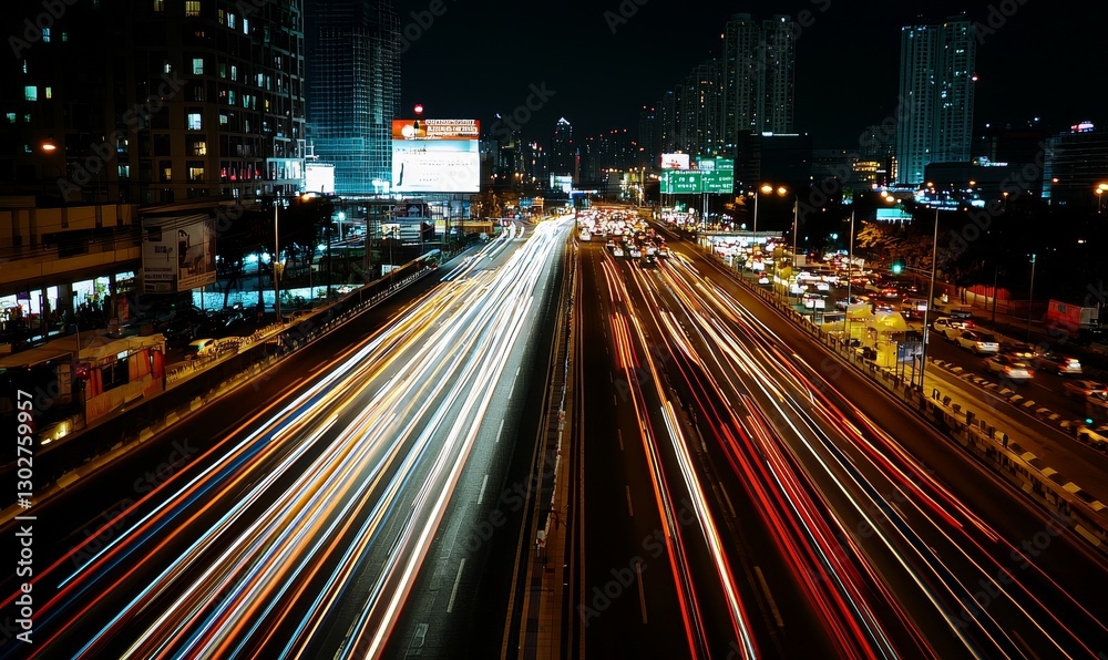 City highway night long exposure car light trails urban traffic cityscape City highway night long exposure car light trails urban traffic cityscape