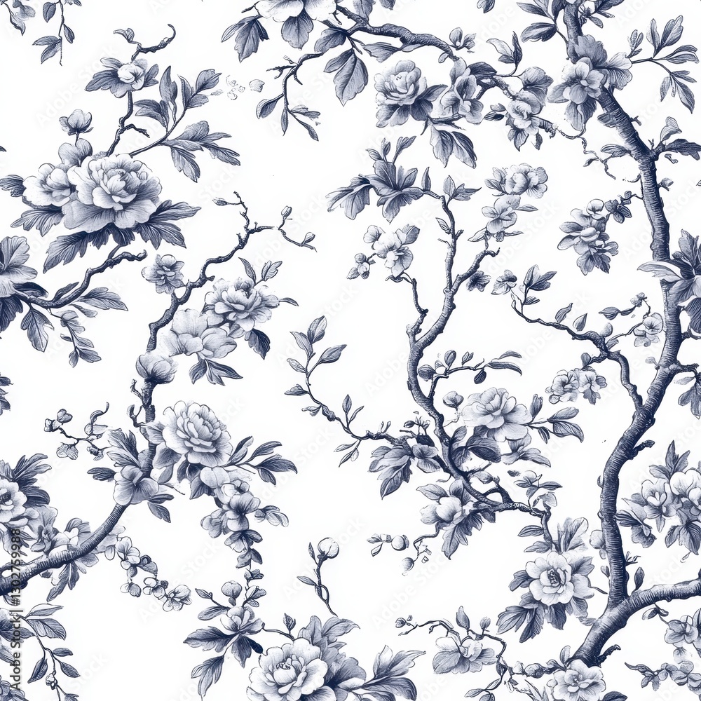 Fototapeta premium Navy Blue and White Floral Pattern with Roses and Branches