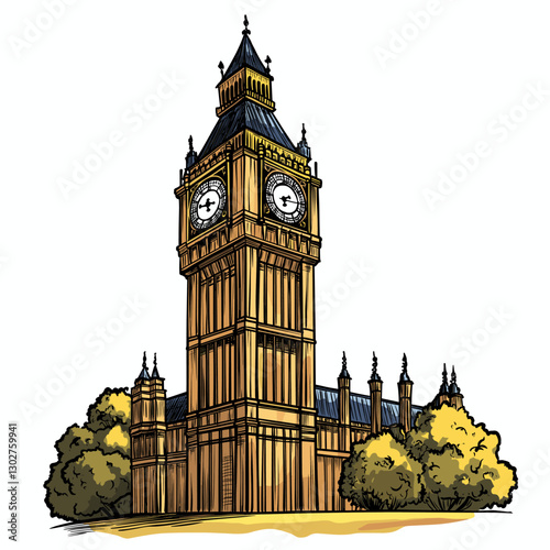 Vector comic hand-drawn illustration of Big Ben. Big Ben in London