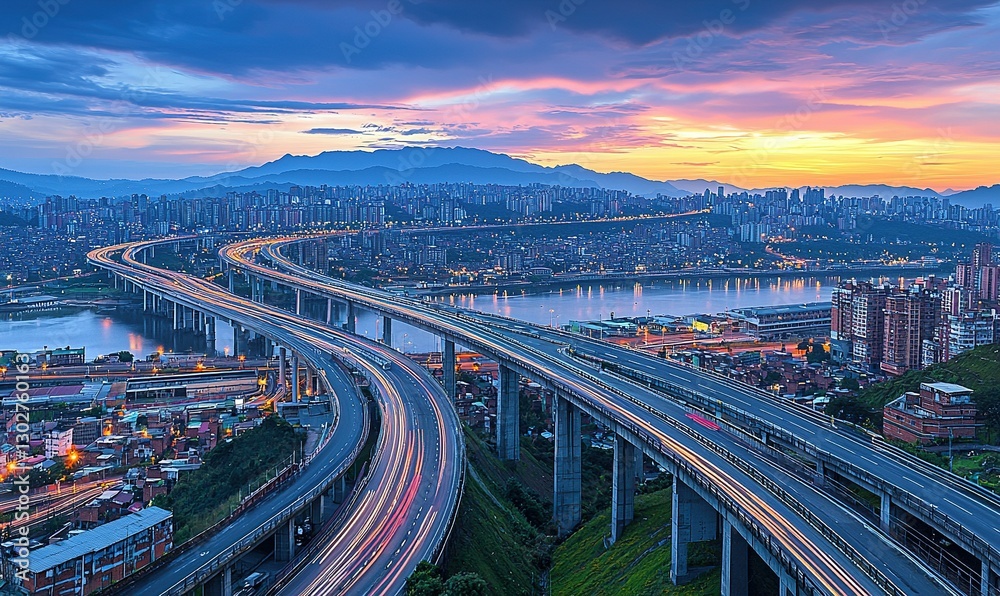 Fototapeta premium City highway traffic at sunset with mountain view