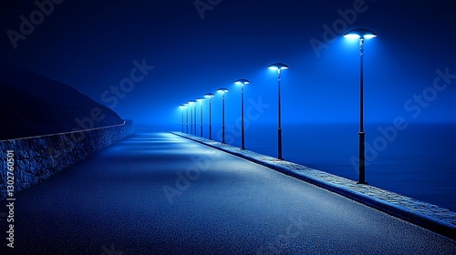 Coastal path at night, lamps illuminate foggy sea. Background tranquil ocean. Use travel brochure.