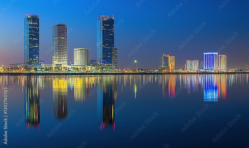 Obraz premium City skyline at dusk reflecting in calm water