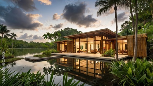 Earthy modern home with bamboo construction, lush tropical landscaping, and a serene lake view