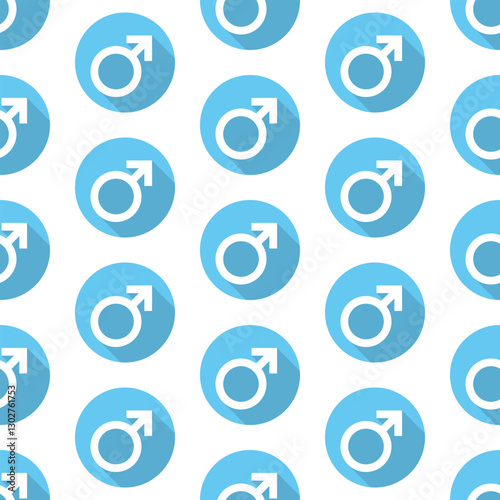 Blue male long shadow round gender icons on white background. Vector seamless pattern.