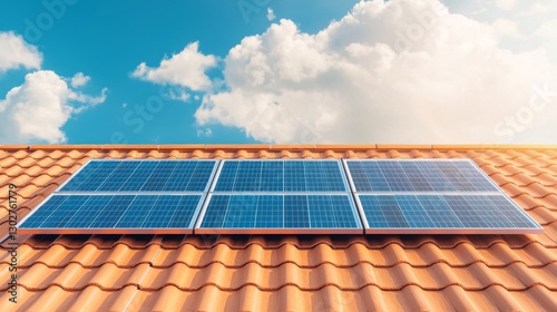 Solar Panels on Orange Tiled Roof Under Vibrant Blue Sky with Clouds