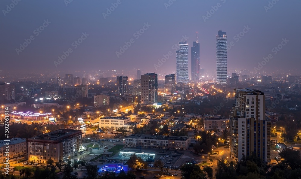 Fototapeta premium Cityscape at dusk with illuminated buildings, roads, and hazy sky