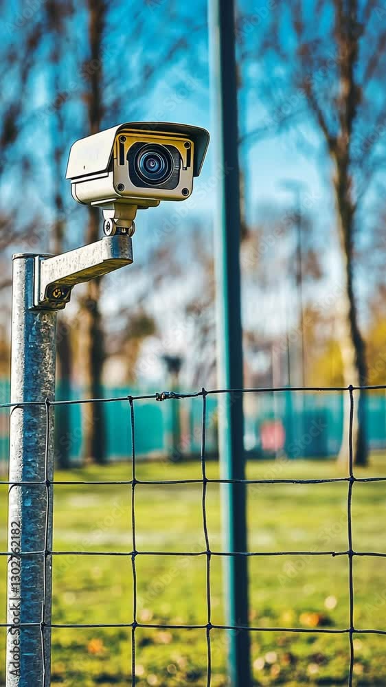 Security camera mounted on a fence monitors surroundings in a public park during daytime