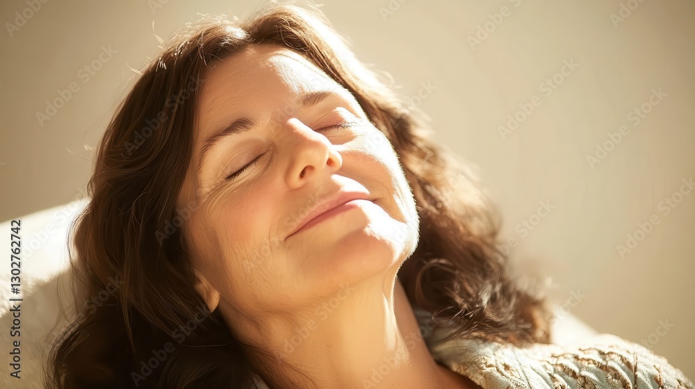 Fototapeta premium Tranquil Woman Enjoying Peaceful Moment in Warm Natural Light