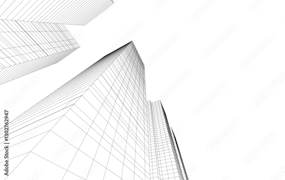 Abstract Architectural Wireframe of Modern Skyscrapers - 3D Perspective View Abstract Architectural Wireframe of Modern Skyscrapers - 3D Perspective View