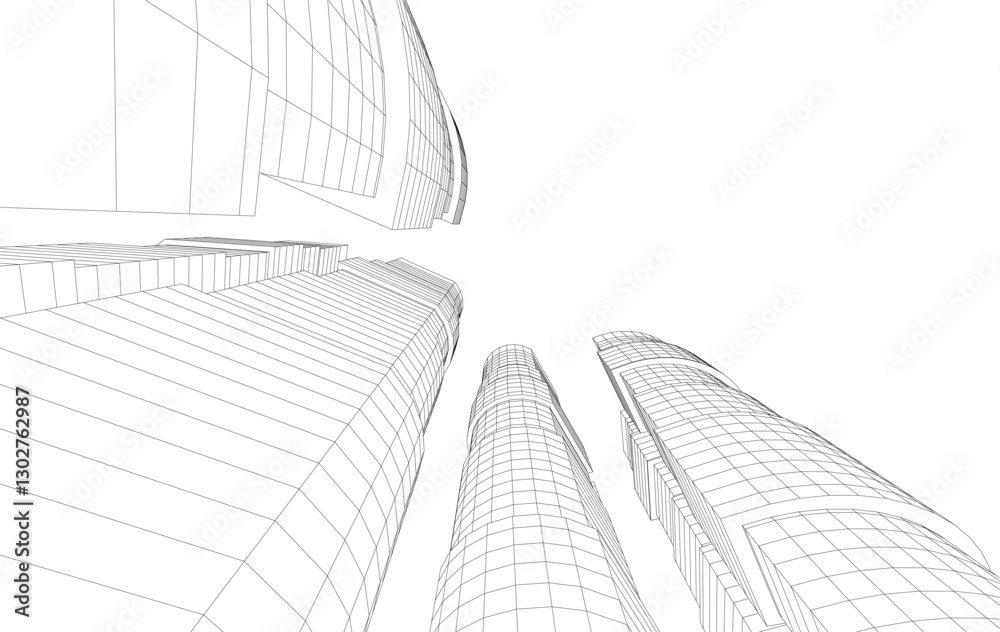 Fototapeta premium Abstract Architectural Wireframe of Modern Skyscrapers - 3D Perspective View