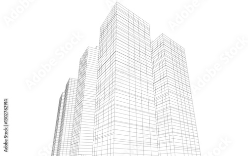 Abstract Architectural Wireframe of Modern Skyscrapers - 3D Perspective View