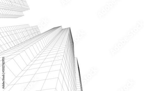 Abstract Architectural Wireframe of Modern Skyscrapers - 3D Perspective View
