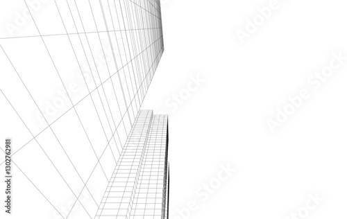 Abstract Architectural Wireframe of Modern Skyscrapers - 3D Perspective View