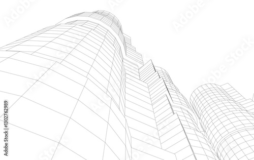 Abstract Architectural Wireframe of Modern Skyscrapers - 3D Perspective View