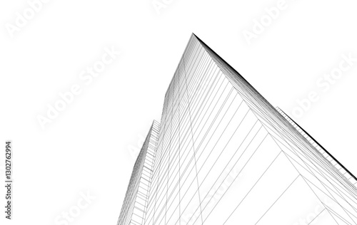 Abstract Architectural Wireframe of Modern Skyscrapers - 3D Perspective View