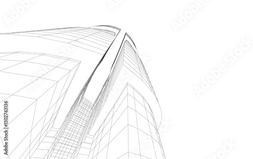 Abstract Architectural Wireframe of Modern Skyscrapers - 3D Perspective View
