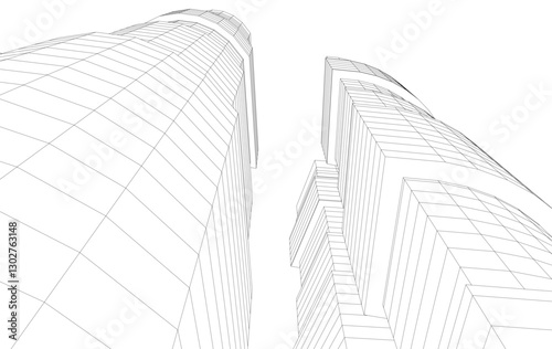 Abstract Architectural Wireframe of Modern Skyscrapers - 3D Perspective View