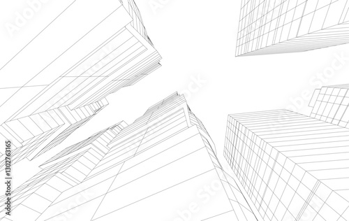 Abstract Architectural Wireframe of Modern Skyscrapers - 3D Perspective View