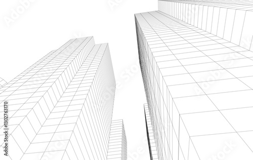 Abstract Architectural Wireframe of Modern Skyscrapers - 3D Perspective View