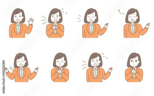 ポジティブな感情を表す若いスーツの女性のイラストセット