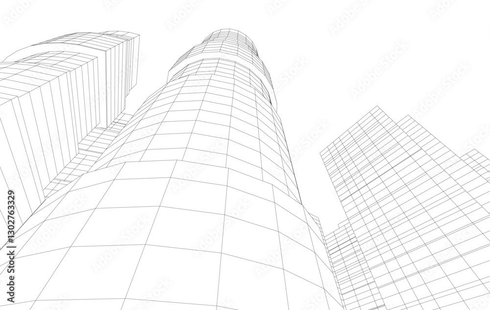 Abstract Architectural Wireframe of Modern Skyscrapers - 3D Perspective View Abstract Architectural Wireframe of Modern Skyscrapers - 3D Perspective View