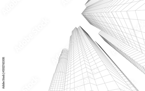 Abstract Architectural Wireframe of Modern Skyscrapers - 3D Perspective View