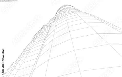 Abstract Architectural Wireframe of Modern Skyscrapers - 3D Perspective View