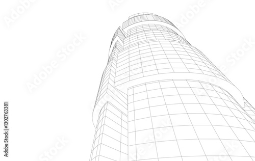 Abstract Architectural Wireframe of Modern Skyscrapers - 3D Perspective View