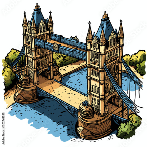 Vector comic hand-drawn illustration of Tower Brigde. Tower Brigde in London