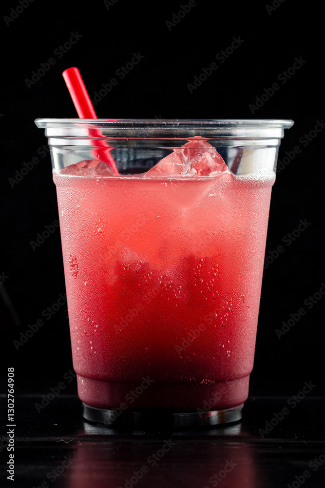 Red drink cocktail or lemonade with ice in a glass
